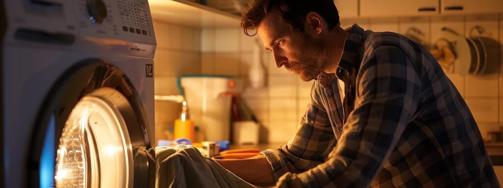 a focused shot of an attentive homeowner in a modern laundry room, examining a maytag dryer with a concerned expression, surrounded by tools for potential repair and notes highlighting signs of malfunction, illuminated by warm, ambient lighting to emphasize urgency and awareness.