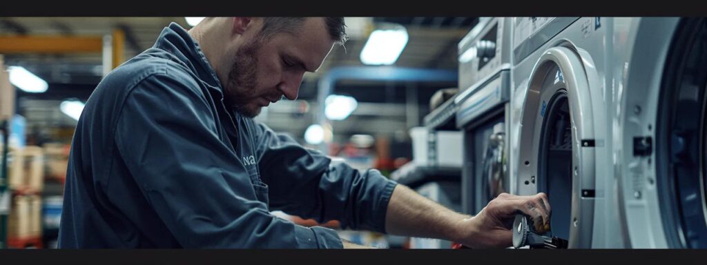 a skilled technician in a well-equipped georgetown dc appliance repair shop inspects a maytag appliance, showcasing the precise, localized expertise and personalized service tailored to the community's needs.