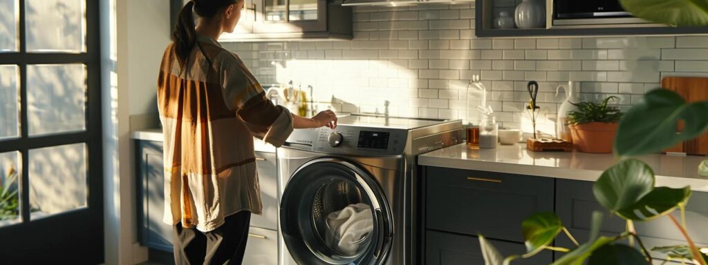 Woman adjusting settings on a modern Maytag washer in a stylish Georgetown kitchen with natural light, emphasizing appliance repair and laundry efficiency.