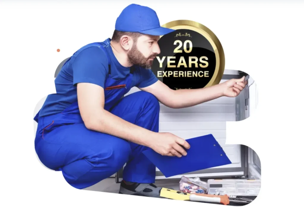 Technician with 20 years of experience inspecting Maytag appliance components, holding a clipboard, surrounded by tools and parts for appliance repair.