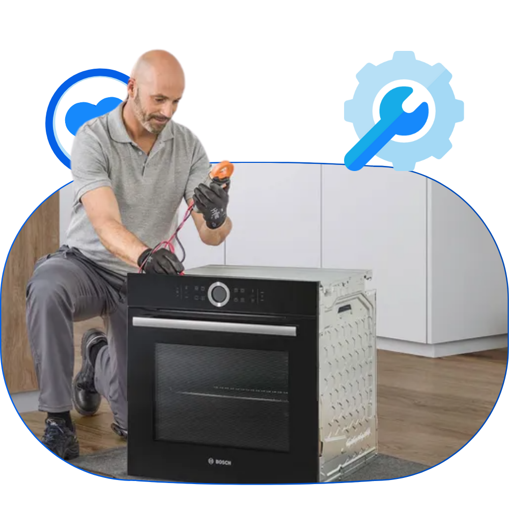 Technician repairing a Bosch oven with a multimeter, emphasizing expert appliance repair services for Bosch systems.