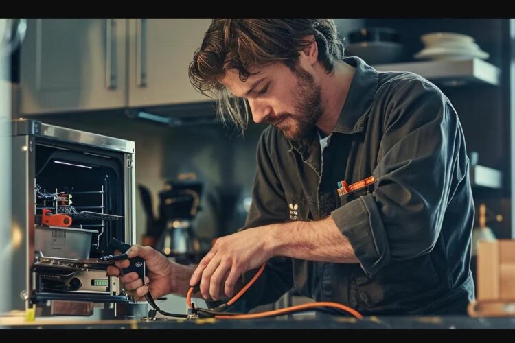 a professional maytag repair technician in a modern georgetown dc kitchen, wearing a crisp uniform and a focused expression, examines a sleek appliance with diagnostic tools in a well-lit, contemporary setting.