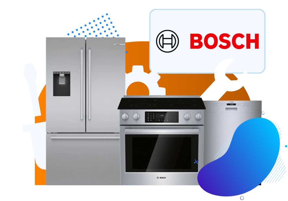 Bosch appliances including a refrigerator, oven, and dishwasher with tools and logo, representing expert repair services for Bosch systems.