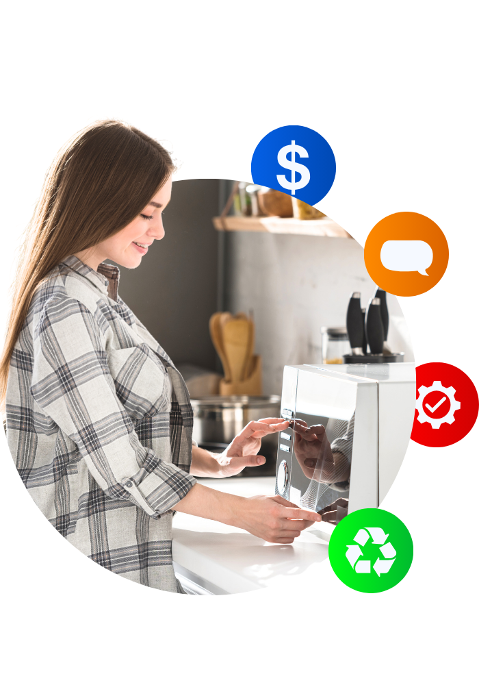 Woman adjusting settings on a microwave in a modern kitchen, surrounded by icons representing cost savings, communication, quality assurance, and recycling, emphasizing reliable Whirlpool appliance repair services.