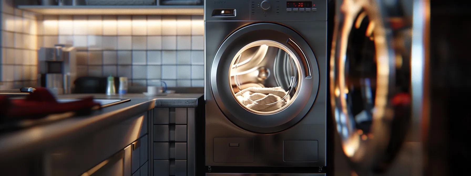Modern Maytag washing machine with open door revealing laundry, set in a stylish kitchen environment.