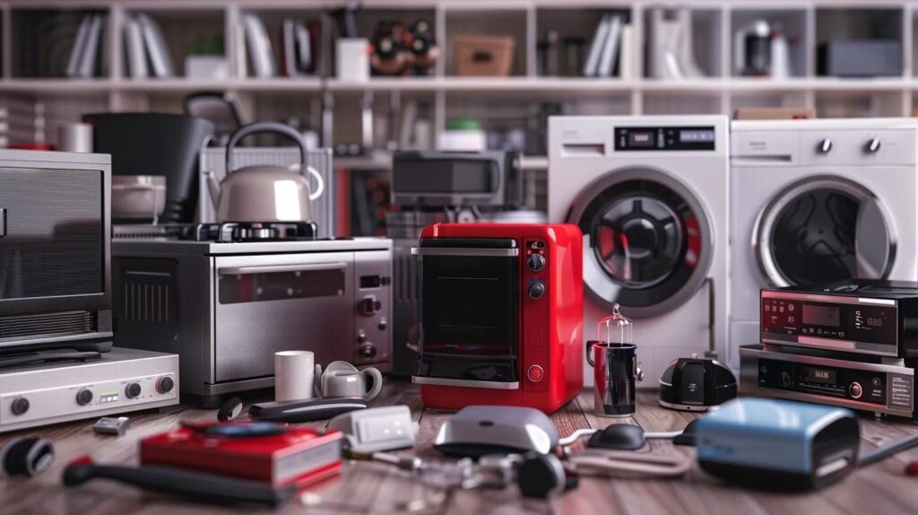 Assorted kitchen and home appliances including a red toaster oven, coffee maker, washing machine, and various electronic devices, representing common household items related to appliance repair and maintenance.
