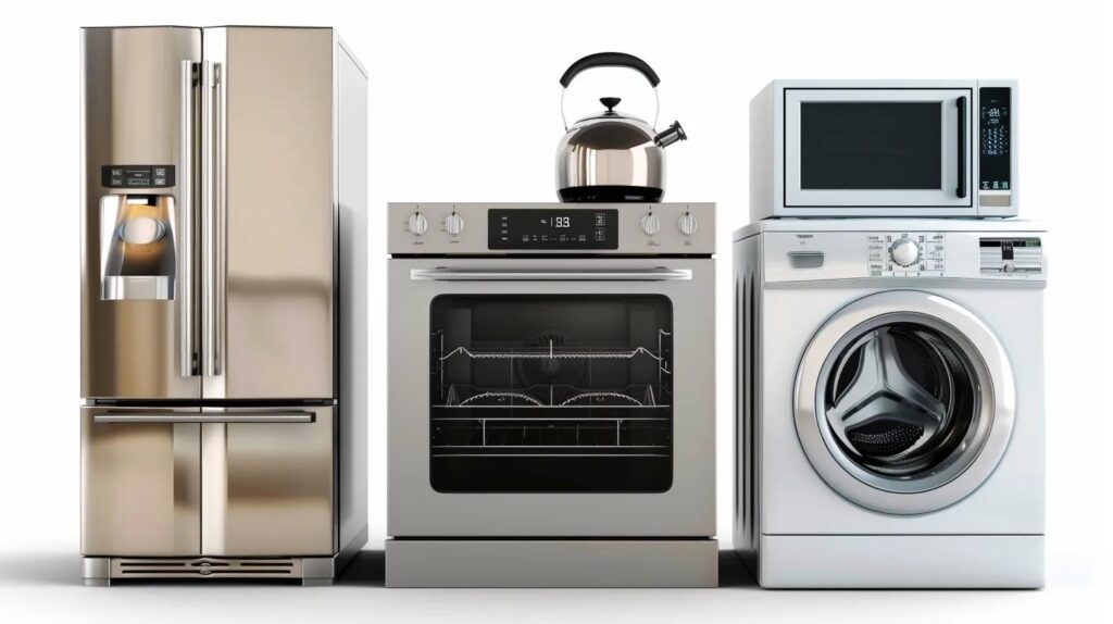 Refrigerator, oven with digital display, microwave, and washing machine showcasing modern kitchen appliances for effective home maintenance and repair tips.