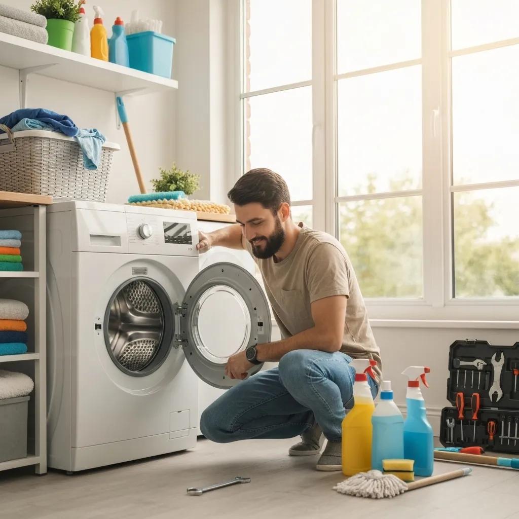 Man performing maintenance on a washing machine in a well-lit laundry room, surrounded by cleaning supplies and tools, illustrating essential appliance upkeep for homeowners.