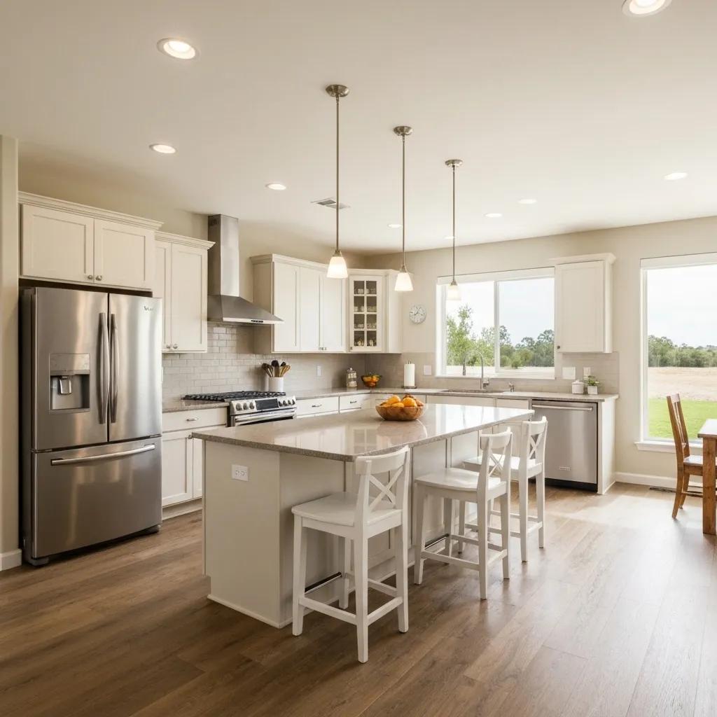 Modern kitchen with stainless steel appliances, white cabinetry, and an island featuring a bowl of oranges, emphasizing home appliance maintenance and repair.