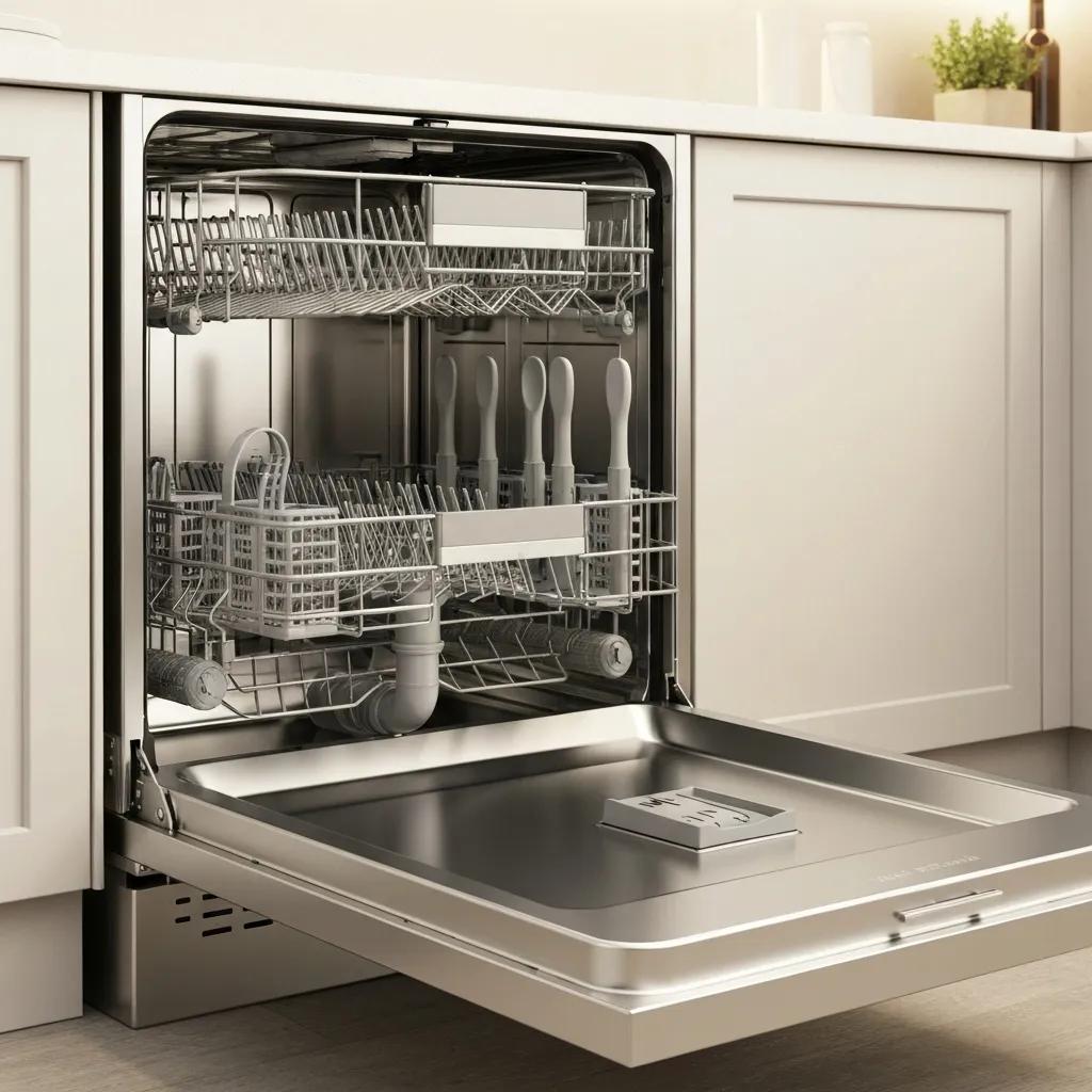 Dishwasher with open door displaying clean dishes and utensils in a modern kitchen setting, highlighting common appliance issues and repair context in Bethesda, Maryland.