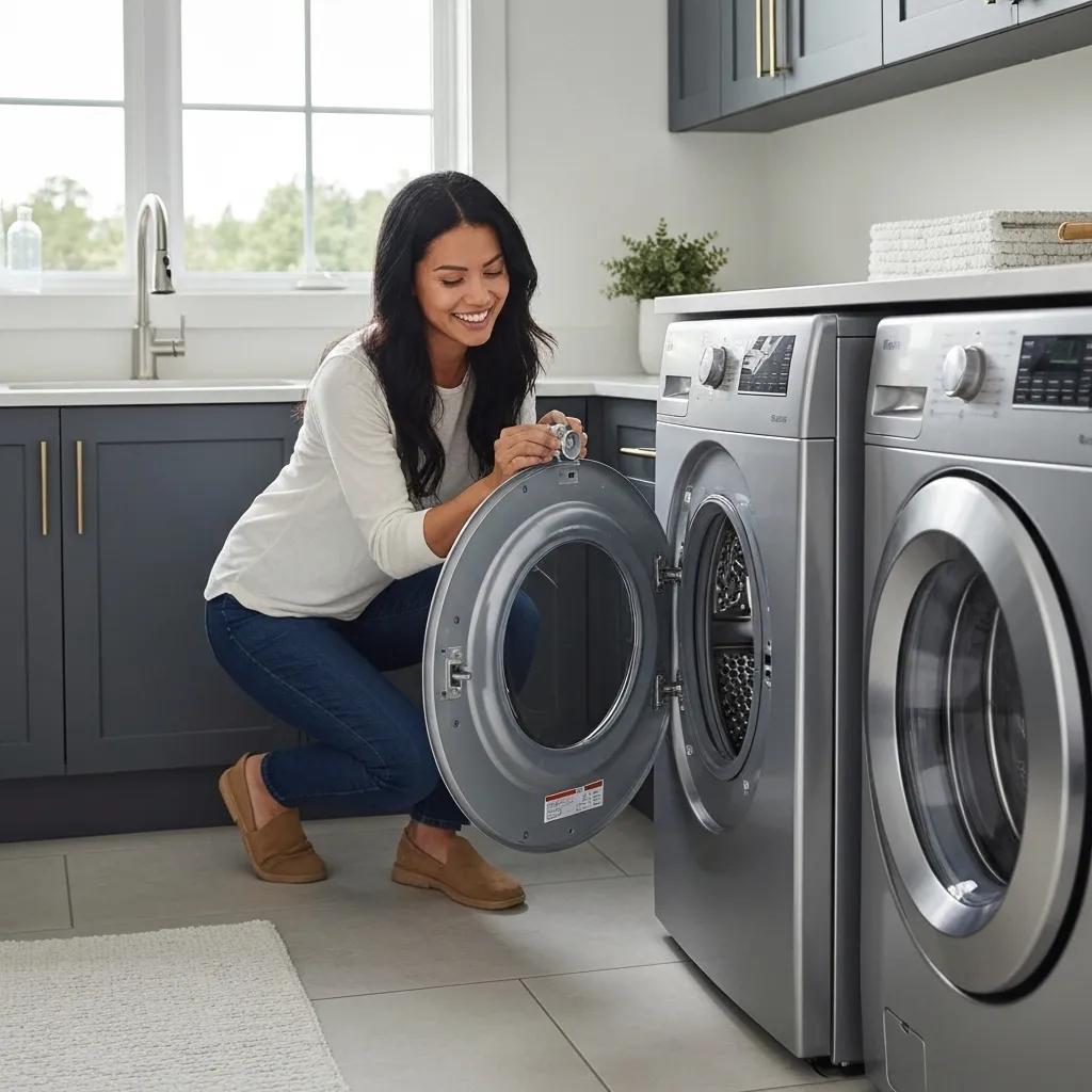 Woman kneeling beside modern washer and dryer, inspecting the door and demonstrating DIY appliance troubleshooting in a bright kitchen setting.