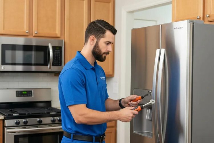 Licensed technician fixing a refrigerator in an Arlington kitchen — same-day appliance repair