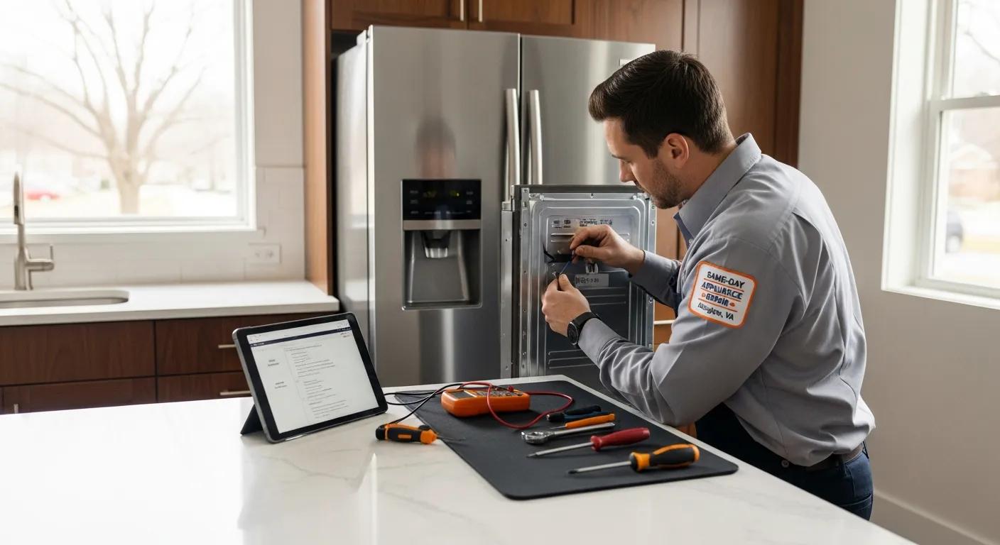 Licensed technician repairing a refrigerator in a modern kitchen &mdash; same-day appliance repair in Arlington, VA