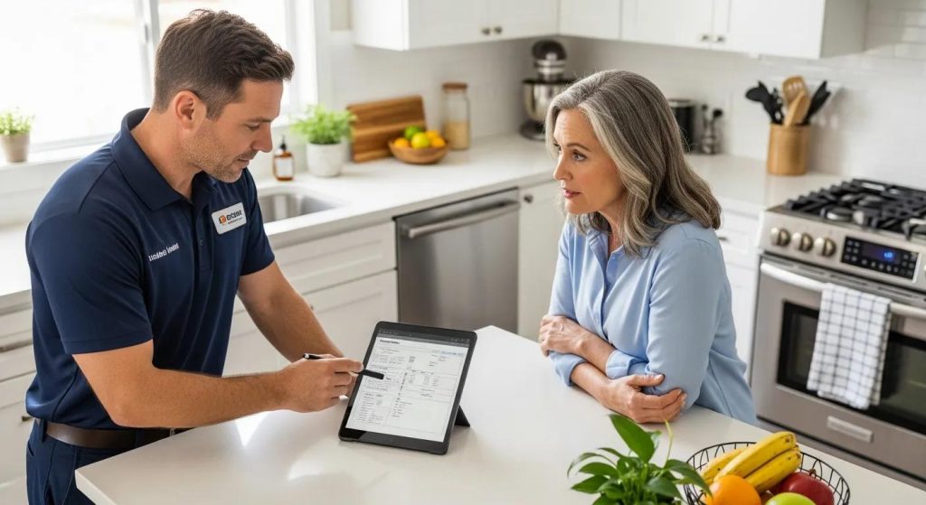 Technician reviewing the repair plan with a homeowner in a tidy kitchen