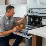 Certified appliance repair technician inspecting a refrigerator in a modern kitchen
